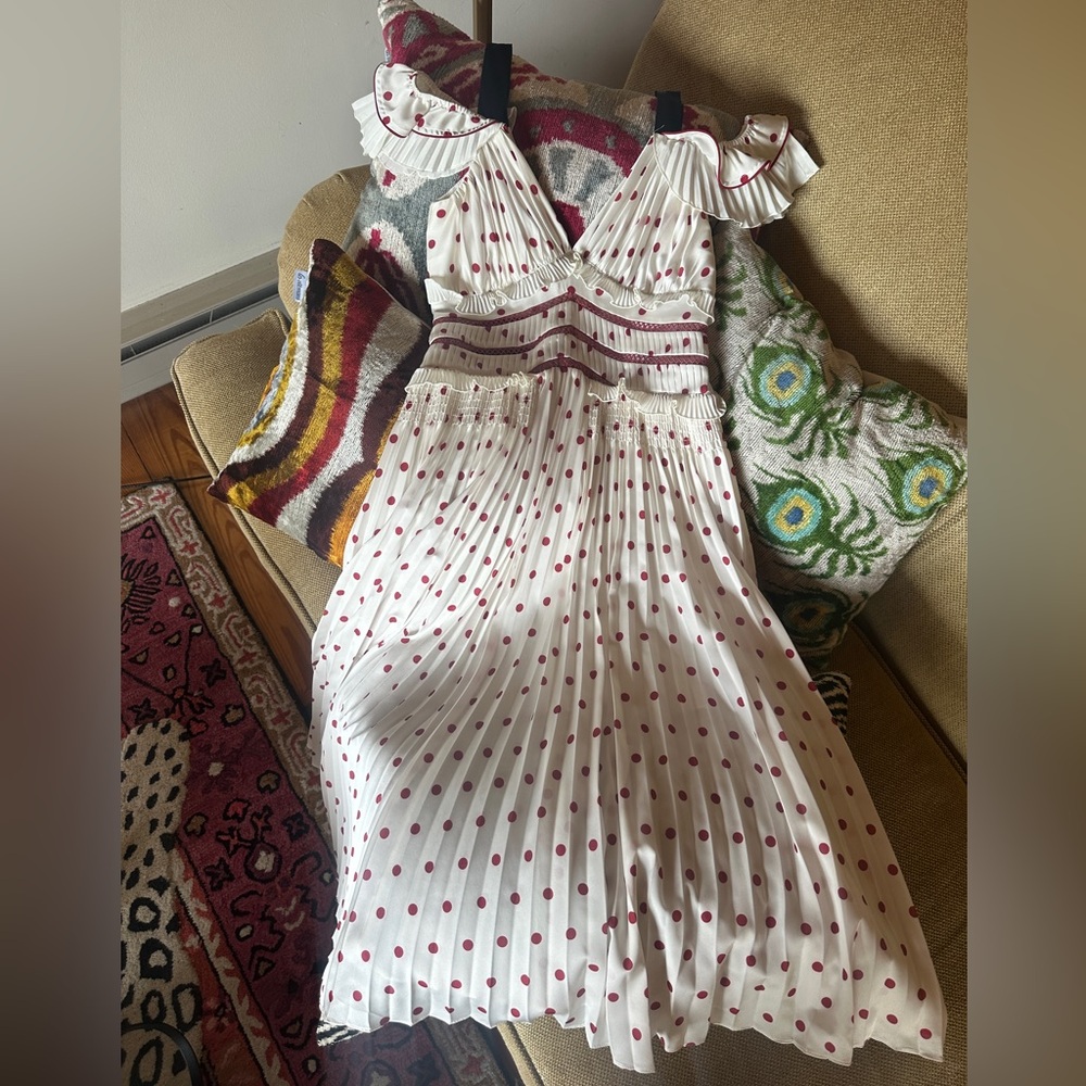 Self-Portrait Elegant White and Pink Red Polka Dot Dress